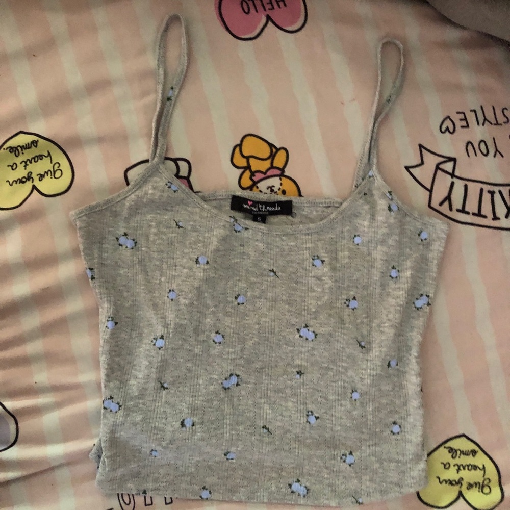 Grey tank Top with Blue Bouquet flowers
